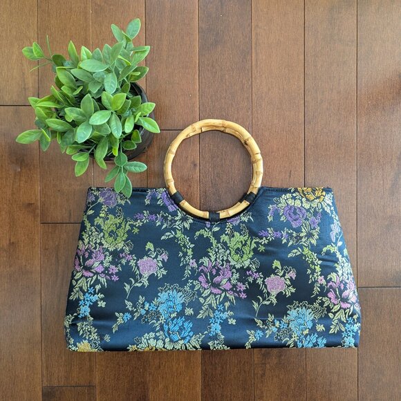FLORAL BAMBOO HANDLE VINTAGE SATIN HANDBAG - Picture 1 of 2